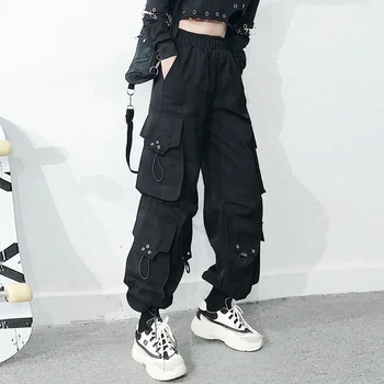 2021 Harajuku Juoda Streetwear Moterų Atsitiktinis Kelnės Punk Haremo Kelnės Su Kišenėmis Juoda Moterų Ilgos Kelnės Juostelės Ponios Kelnės