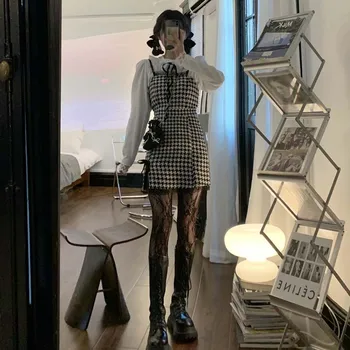 2021 Japonijos Saldus Ilgomis Rankovėmis Balti Marškinėliai Moterims Vasaros Pledas Spageti Dirželis Gotikos Harujuku Mini Lolita Suknelė Dviejų Dalių Kostiumas
