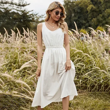 2021 m. pavasarį & vasaros suknelės naujas Amerikos moterų prancūzų romantikų balta suknelė Spageti Dirželis O-Kaklo Mid-Calf-LINE LYQ161