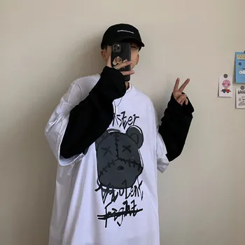 2021 m. Pavasarį Prarasti Lokys Spausdinti Marškinėliai Vyrams, Atsitiktinis Vyras Japonija Cool Marškinėlius Streetwear ilgomis Rankovėmis Juokinga Gotikos T Shirts O-kaklo Viršūnes