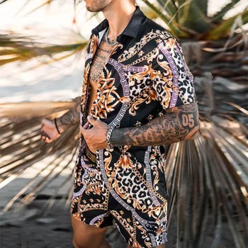 2021 Mados Havajų Paplūdimyje Nustatyti Mens Spausdinimo Hip-hop ' o Rinkinys Trumpas Rankovės Vasaros Atsitiktinis Gėlių Marškinėliai Paplūdimys Dviejų dalių Kostiumas Vyrų Rinkiniai