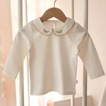 2021 Naują Pavasario Medvilnės Marškinėliai Bamblys Marškinėliai Baby Girl Ilgomis Rankovėmis Atvartas Siuvinėjimo Gėlės Rudenį Mergaičių T Shirts