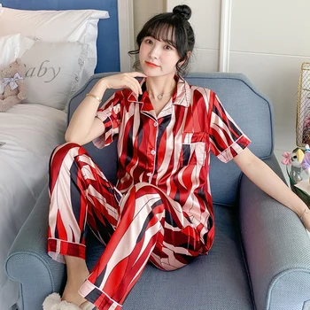 2021 Vasaros Šilko Satino Trumpas Rankovės Ilgos Kelnės Spausdinti Pajama Komplektai Moterų korėjos Sleepwear Pyjama Homewear Pijama Mujer Drabužiai
