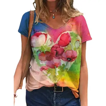 3D Kaklaraištis Dažų Gradientas Spausdinti Moterų Marškinėliai 2021 Naujas Vasaros trumpomis Rankovėmis V-Kaklo, Laisvi Viršūnes Atsitiktinis Negabaritinių Ponios Plius Dydis Tee Viršų
