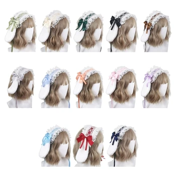 Anime Lolita Triušiuko Ausys Susiėmę Nėrinių Lankelis Nuimamas Pliušas Triušio Ausies Hairband Saldus Lankas Tarnaitė Cosplay Vinjetė