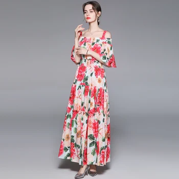 Banulin 2021 m. Vasarą Dizaineris Elegantiškas Maxi Suknelė Moterų Off Peties elastinga Juosmens Gėlių Spausdinti Boho atostogų Šalis Ilga Suknelė