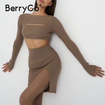 BerryGo Seksualus ilgomis rankovėmis tuščiaviduriai iš moterų trumpą suknelę nustatyti vasaros 2021 High street perskelti kieta dviejų dalių rinkinių O-kaklo plonas kostiumas