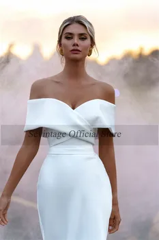 Elegantiškas 2 vnt Paplūdimys Vestuvių Suknelė Klostes Minkšto Satino Balto Vestuvių Suknelės Boho nuo Peties Princesė Vestuvių Suknelė iki 2021 m. Naujas
