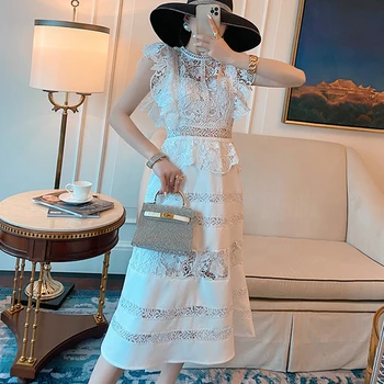 Elegantiškas vakarines Sukneles Moterims, Šaliai, Derliaus 2021 Mados Vasaros Siuvinėjimo Nėrinių Tuščiaviduriai Iš Moters vientisos Baltos Suknelės Moteris
