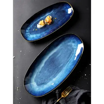 Giliai Keramikos Plokštės Mėlyna Plokštės, Stalo Patiekalų, Užkandžių Lėkštės Tarnauja Dėklas Ilgio Ovalo Formos Dėklas