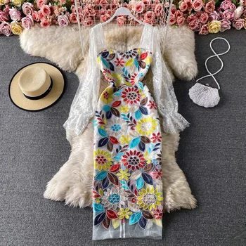 Ilgomis Rankovėmis Šalies Nėrinių Rudenį Boho Elegantiška Vintage Pavasario Suknelės Moterims-Line Prabanga Aukšto Juosmens 2021 Suknelė Kilimo Ir Tūpimo Tako Slim