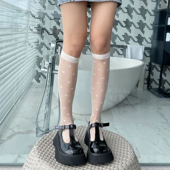 Ins-Ultra plonas Didelio Kelio Kojinės Moterims Jk Širdies Ilgos Kojinės Moteriškos Vasaros Permatomos Kojinės Mergaitės Kojos Balta Juoda Suknelė Calcetine