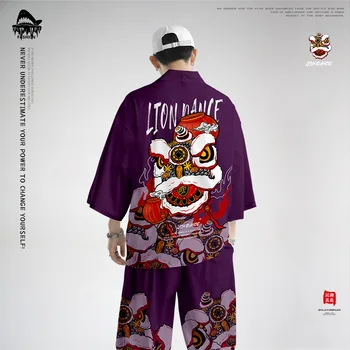 Kinų Stiliaus Raudonos Spausdinti Kimono Streetwear Vyrų Megztinis Ir Ziajać Skraiste Vyrų Vasaros Kimono Apranga