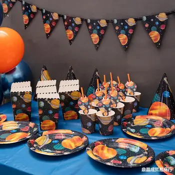 Kosmoso Astronautas Šalies Reikmenys Vienkartiniai Indai, Popieriniai Puodeliai, Plokštės Vystymo Karamelinis Pyragas Dėžutė Happy Birthday Reklama Boutting