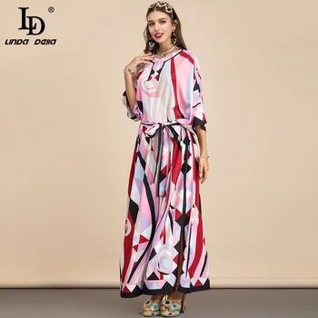 LD LINDA DELLA 2021 m. Vasarą Dizaineris Prarasti Maxi Suknelė Moterims Batwing Rankovės Diržo Geometriją Spausdinimo Bohemijos Ilgas Šalis Suknelė skraiste