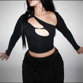 Madingas Iškirpti Skylę Nerijos Apykaklės Pasėlių Marškinėlius Moterims Nesimetriškas Gotikos Streetwear 2020 M. Rudenį Seksualus Liesas Klubas Drabužius
