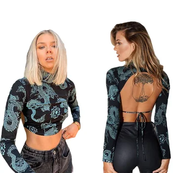 Moteris Drakonas Modelio Spausdinimo Pasėlių marškinėliai ilgomis Rankovėmis Viršūnes Backless Sexey Tees Viršuje Moterų Apkarpytos Liesas Elastinga Drabužiai