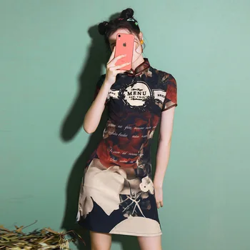 Moteris Penicl Suknelė Vintage Stiliaus Kinijos Spausdinti Slim Suknelė Už Šalis Tendencija 2020 Trumpas Rankovės Mandarinų Apykaklės Vestidos