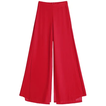 Moteriški Vasaros Šifono Ilgos Kelnės Moteris Streetwear Prarasti Vientisos Spalvos Sijonas, Kelnės Moterims, Aukštos Elastinga Juosmens Pločio Kojų Kelnės Raudona