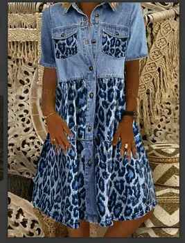Moterų Džinsinio audinio Suknelė trumpomis Rankovėmis Leopard Pasukite Žemyn Apykaklės, Kišenės Linija Džinsinio audinio Suknelė Single-breasted Linijos Džinsinio audinio Suknelė
