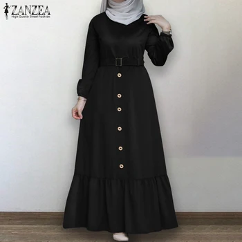 Moterų Rudenį Sundress ZANZEA Kaftan Musulmonų Marškinėliai Suknelė ilgomis Rankovėmis Maxi Vestidos Moterų Mygtuką Pynimas Vestidos