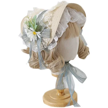 Multi-Color Lolita Gėlių Elegantiškas Plokščių Skrybėlių Top Hat Gėlių Vestuvių Arbatėlė Sielovados Šiaudų Skrybėlę Nėrinių Han Yang Eklektiška Vasaros