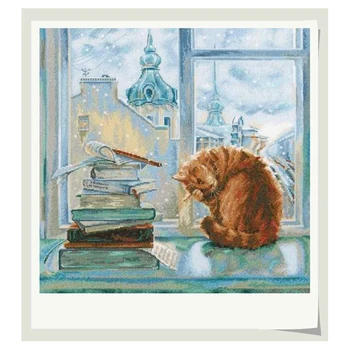 Nemokamas Pristatymas Aukščiausios Kokybės Mielas Skaičiuojami Kryželiu Rinkinys palangės katė langą anksti ryte, skaityti knygas Atidėti M671