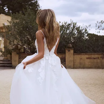 Paprasta Bohemijos Vestuvių Suknelės Beach 2021 Nėrinių Appliques Spageti Dirželis Vestuvių Suknelės Romantiška Derliaus Nuotakos Suknelės