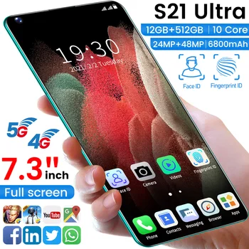 Pasaulinė Versija 2021 S21 Utra 7.3 Colių Smartfon per Visą Ekraną 12G 512 GB 