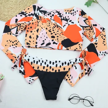 Peachtan Leopard bikini nustatyti Žemas juosmens maudymosi kostiumėlis moterims Seksualus ilgomis rankovėmis, kostiumėliai, O moterų-kaklo, 2 vienetų komplektas Mazgas maudymosi kostiumas naujas
