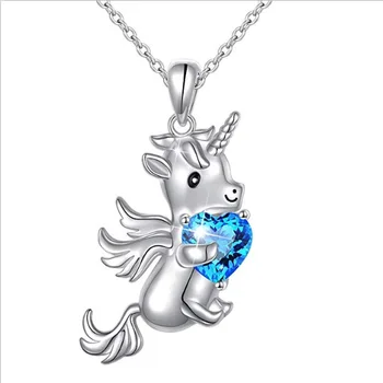 Pegasus Vienaragis Gyvūnų, Kabamųjų Karoliai Blue Heart Crystal Sparno Arklių Pareiškimą Karoliai Moterų Mergina Boho Papuošalai