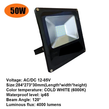 Plono 12 voltų LED potvynių šviesos vandeniui IP65 50w ac/dc 12-85v LED Prožektorius Refletor Lauko apšvietimas sienos lemputė, prožektorius