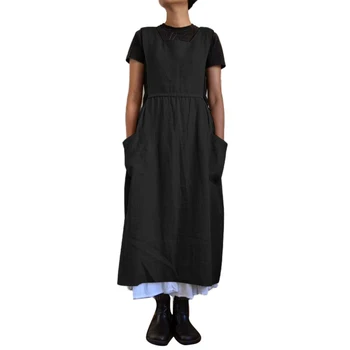 Plus Size 2020 Suknelė Moterims Vientisos Spalvos Berankovė Kvadratinių Kaklo Kišenės Medvilnės Skalbiniai Prijuostė Ilga Suknelė