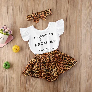 Pudcoco Leopard Bamblys Mergaičių, Kūdikių Drabužiai Laišką Ruffles Rankovėmis Bodysuits +Šortai+Lankelis 3pcs Komplektus 0-24M