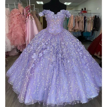 Romantiška Levandų 3D Gėlių Žiedai 2021 Meksikos Quinceanera Prom Dresses Charro Off Peties Kamuolys Suknelė Saldus 16 Suknelė Vestidos