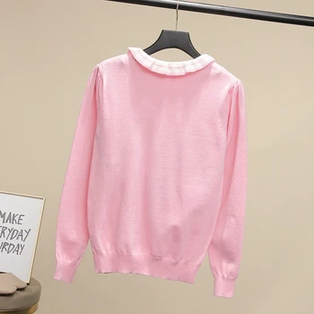 Rožinė lankas duobute siuvinėjimo džemperis moterims mielas megztas megztinis Modis gražių viršūnių 2020 m. rudens ir žiemos naujas atvykimas