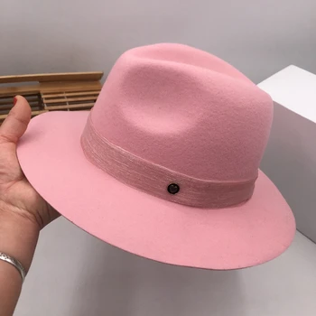 Rožinė panamos skrybėlė moterų Japonijos šviežių rudens/žiemos vilna moterų įžymybės street snap banga rožinė Fedoras skrybėlę