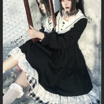 Rudenį Japonijos Black, Gothic Lolita Suknelė Vintage Minkštas Mergina Juoda Balta Pledas Ilgomis Rankovėmis Raukiniai, Nėriniai Suknelė Moterims Punk Suknelės