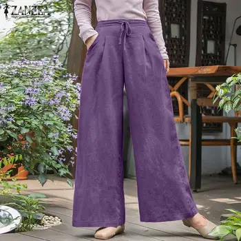 S - Moterys, Platus Kojos Kelnės Pavasario Atsitiktinis Kelnės ZANZEA Elegantiškas Aukšto Juosmens Kietieji Ilgai Pantalon Moterų Prarasti Palazzo Streetwear