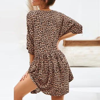 Seksualus V-kaklo Vasarą Mini Suknelė Moterų Plius Dydis Leopard Sudurti Print Mygtuką Atsitiktinis Suknelė Prarasti Paplūdimys Atostogų Suknelės Vestidos #672