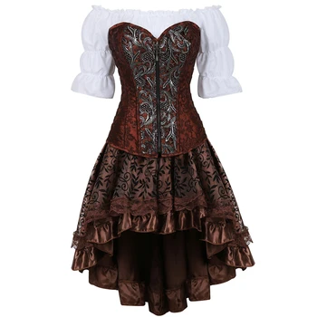 Steampunk odos bustier korsetas suknelė parodijos korsetas, sijonas, 3 dalių rinkinys piratų lingerie plius dydis cosplay maskuotis ruda