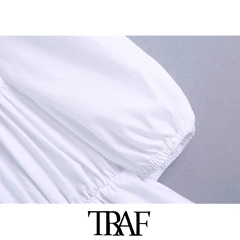 TRAF Moterų Saldus Mados sagomis, Pynimas Balta Mini Suknelė Vintage Aikštėje Apykaklės Sluoksniuotos Rankovėmis Moterų Suknelės Mujer