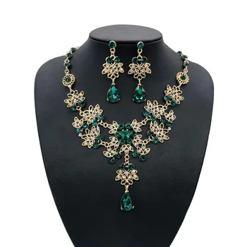 TREAZY Klasikinis Dizainas Green Crystal Vestuvių Papuošalų Rinkinys Aukso Spalvos Gėlių vandens lašelius Karoliai, Auskarai Moterims Vestuvių Papuošalai Rinkiniai