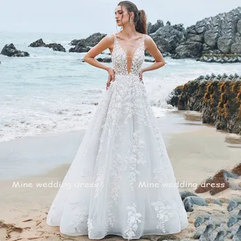 V-Kaklo 3D Gėlių Appliques Nėrinių Spagečiai Dirželiai Seksualus Backless-Line Vestuvių Suknelė iki 2021 m. Vestido De Noiva Nuotakos Suknelė