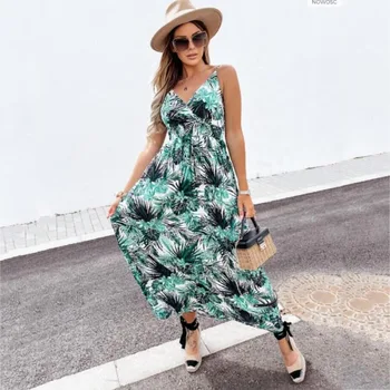 Vasaros Bohemijos Paplūdimio Spausdinti Dirželiai Seksualus Backless Maxi Suknelė 2021 Atsitiktinis Palaidų Moterų Spageti Sundress Atostogų Ilga Suknelė