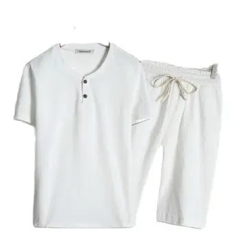 Vasaros drobę, trumparankoviai marškinėliai + šortai-dviejų dalių kostiumėlį vyriški nustatyti, patogus, kvėpuojantis plonos medvilnės ir lino laisvalaikio kostiumas