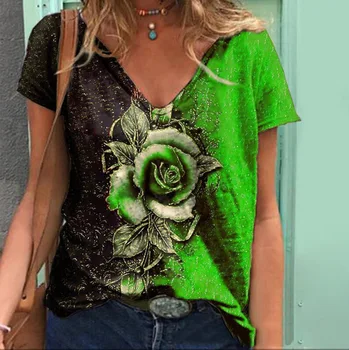 Vasaros Rožė, Print T-Marškinėliai Moterims Atsitiktinis V-Kaklo Trumpomis Rankovėmis Laisvi Marškinėliai Moteriška 2021 Mados Gatvė Hipster Puloveris Viršūnės