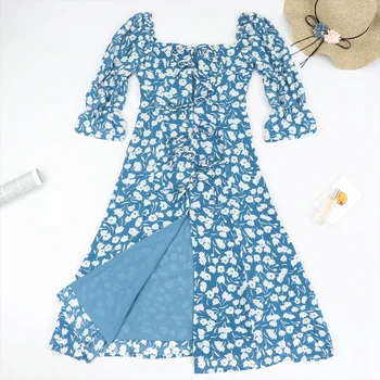 Vasarą Moterys atsitiktinis midi suknelė Padalinta vestido Vintage Blue Elegantiškas Centras Tvarstis Suknelės gėlių spausdinti lankas apdailos Slim suknelė