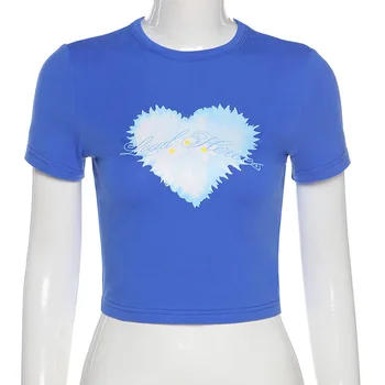 Y2K Estetinės Širdies Laiškas Spausdinti Medvilnės Marškinėliai Atsitiktinis trumpomis Rankovėmis T-shirt Ladies Femme Vasarą Pagrindinių Pasėlių Viršuje Tee 2021
