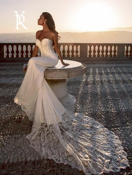 YILIBER Undinė vamzdžio viršaus šifono vestuvinė suknelė, nėriniais, gale paprastas baltas retro vestuvių suknelė aplikacijos